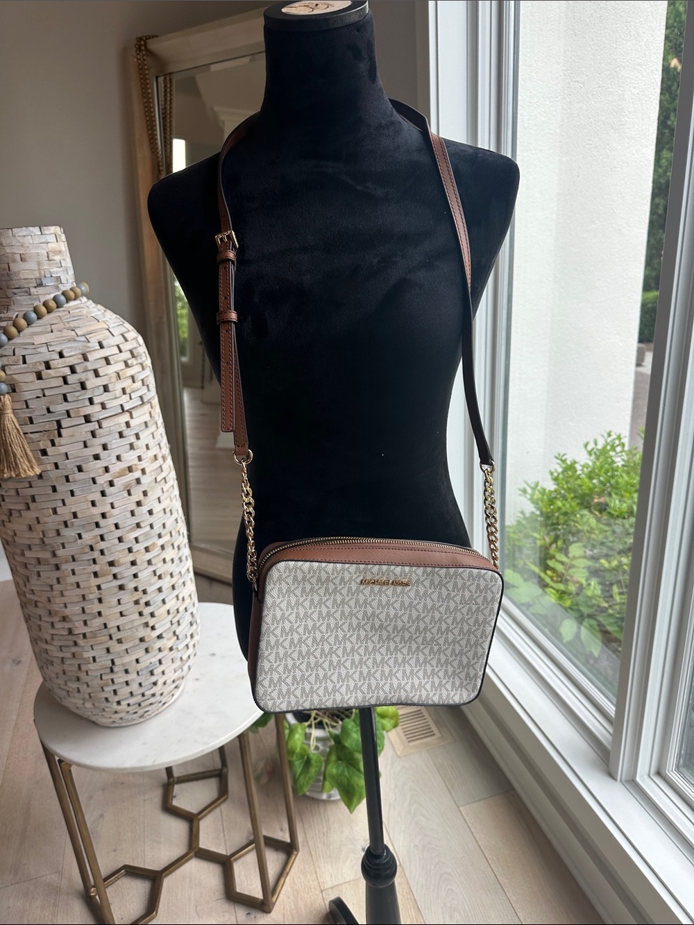 Michael Kors White Signature and Brown Leather Crossbody Bag